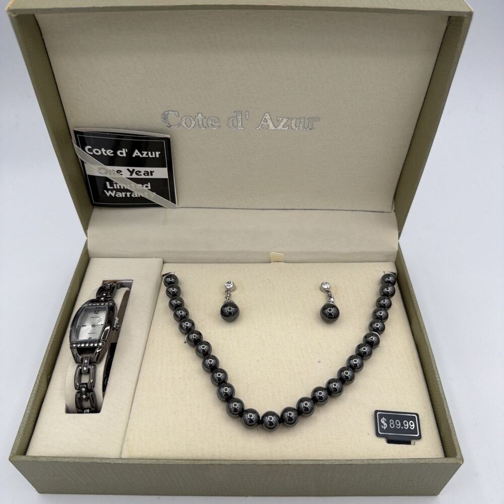 Black Pearl Necklace, Earrings & Watch Gift Set Women’s Brand New Cote D Azur